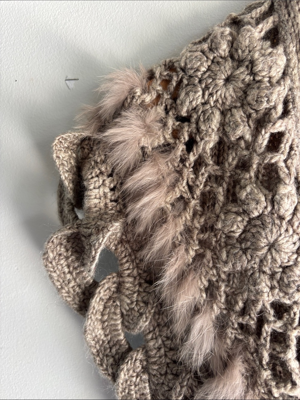 Lavish Taupe Crochet Wool Knit & rabbit fur trim Sweater Vest - Picture 5 of 8